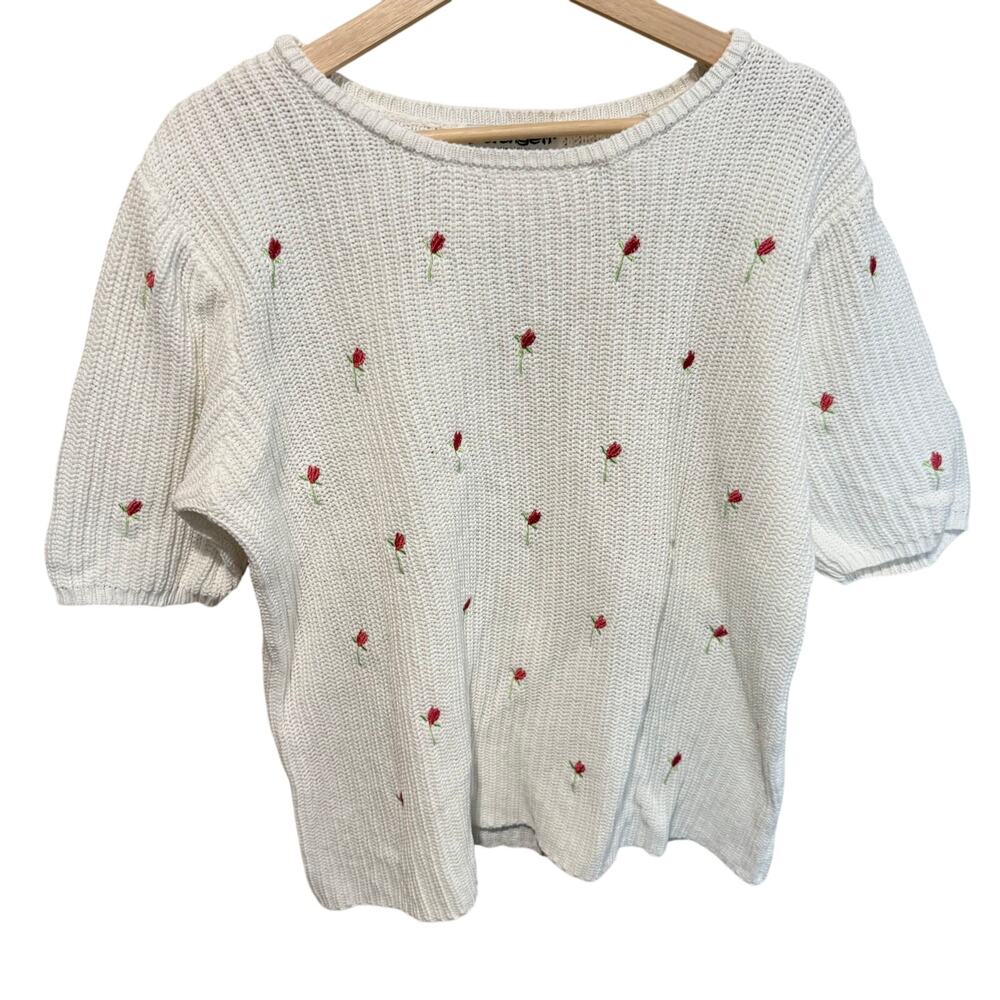 SERENGETI L Cotton Knit Floral Roses TUNIC TOP COTTON Short Sleeve